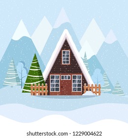 Winter landscape with a frame country house in the mountains, spruces, snow in cartoon flat style. Vector christmas background illustration.