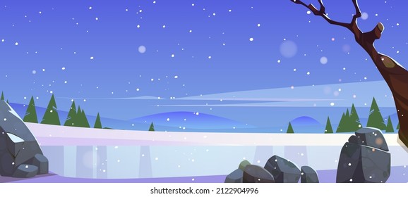 Winter landscape with frozen lake, conifers and hills on horizon. Vector cartoon illustration of nature scene with ice rink, white snow, trees, stones and snowfall