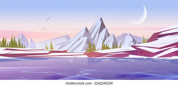 Winter landscape with frozen lake and mountains at early morning. Vector cartoon illustration of northern nature scene with coniferous trees, ice on river, snowy rocks, moon and stars in sky