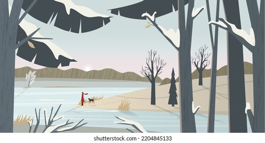 winter landscape. frozen lake. November day. walking with the dog. tree trunks in the snow. grey day. light sadness. the girl in the red coat.