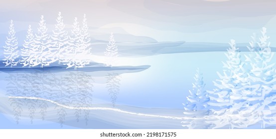 Paisaje invernal, lago helado. Bosque de nieve en tonos azul pastel. Ilustración vectorial minimalista adecuada para banners, folletos, web, folletos, folletos, anuncios.