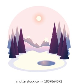winter landscape frozen river or lake and trees vector illustration