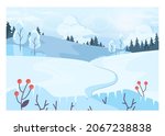 Winter landscape. Frozen river, mountain and forest scenery. Beautiful wild nature in snow, december freezing weather. Flat vector illustration
