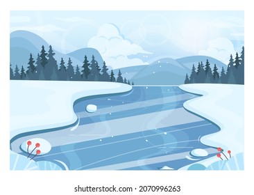 Winter landscape. Frozen river, mountain and forest scenery. Beautiful wild nature in snow, december freezing weather. Flat vector illustration