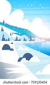 Winter Landscape Frozen River And Mountain Hills Falling Snow Flat Vector Illustration