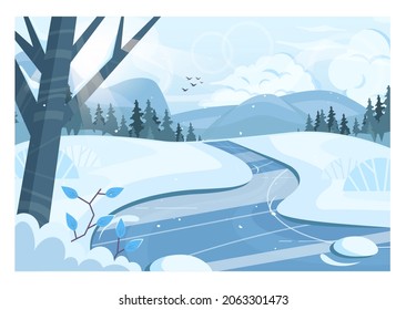 Winter landscape. Frozen river, pound or lake. Ice skating background. Mountain and forest scenery. Beautiful wild nature in snow, december freezing weather. Flat vector illustration