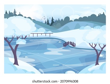 Winter landscape. Frozen river, pound or lake. Ice skating background. Mountain and forest scenery. Beautiful wild nature in snow, december freezing weather. Flat vector illustration