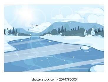 Winterlandschaft. Fluss, Pfund oder See gefroren. Eiskunstlauf-Hintergrund. Berg- und Waldlandschaft. Schöne wilde Natur im Schnee, tiefes Wetter im Dezember. Flache Vektorgrafik