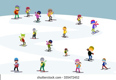 Winter landscape with funny skiers