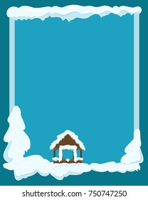 Winter landscape with gazebo and fir trees covered with snow on dark sky background. Picture for winter holidays postcard. Vector illustration banner with icicles on poster with empty space add wishes
