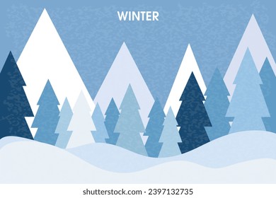 Winter landscape with geometric fir trees on a blue background. Winter. Vector.