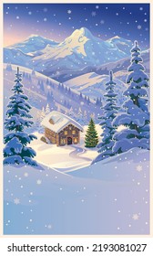 Winterlandschaft mit Lebkuchenhaus in einem Bergtal, Weihnachtsstimmung, Urlaubskarte.