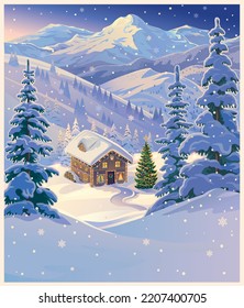 Winter landscape with a gingerbread house in a mountain valley, Christmas mood, a holiday card. Vector illustration.