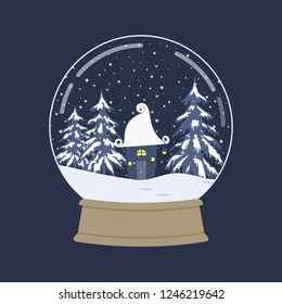 Winter landscape in a glass snow globe. Christmas souvenir. There is a fabulous house and fir trees in the picture. Vector illustration