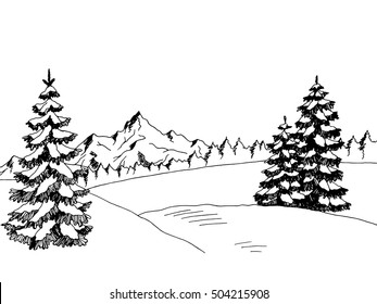 Winter landscape graphic art black white sketch illustration vector