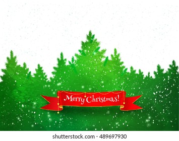 Winter landscape green background with falling snow, spruce forest silhouette and red ribbon banner. 