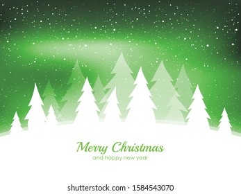 Winter landscape green background with winter tree