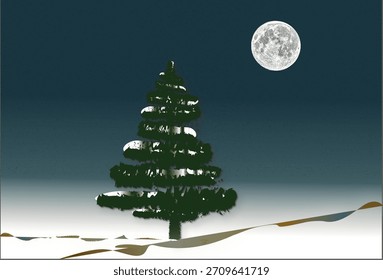 Winter landscape with a green fir tree and supermoon in the background