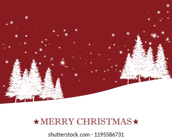 Winter landscape with a group of pine trees on snow hill with snowfall on red background with tiny stars and Merry Christmas text. Design for Xmas and winter holidays season. Vector illustration.