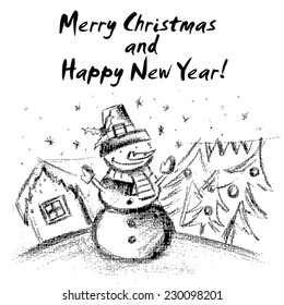 Winter landscape hand draw  with Christmas motifs.Vector illustration.