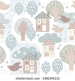 Winter landscape hand drawn seamless pattern. Abstract drawing, simple trees, birds and houses in sketch style. Christmas background, wrapping paper, textile. Illustration scandinavian style.