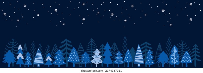 Winter landscape with hand-drawn forest trees in blue tones. Christmas concept. vector illustration.