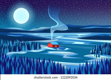 Winter landscape. Handmade drawing vector illustration. All objects are grouped and divided into layers. Flat design.