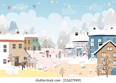 Winter landscape with happy people, polar bear and rabbit playing ice skate in City park,Vector banner Winter wonderland bunny, bear celebrating in forest,Merry Christmas and New year 2023 background