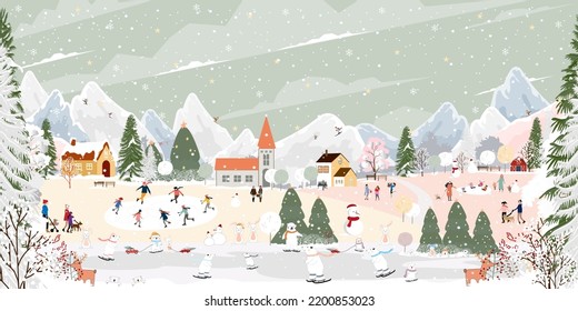 Winter landscape with happy people,polar bear, rabbit playing ice skate in the park,Vector banner Winter wonderland cute animals playing in forest on green sky,Merry Christmas and New year background