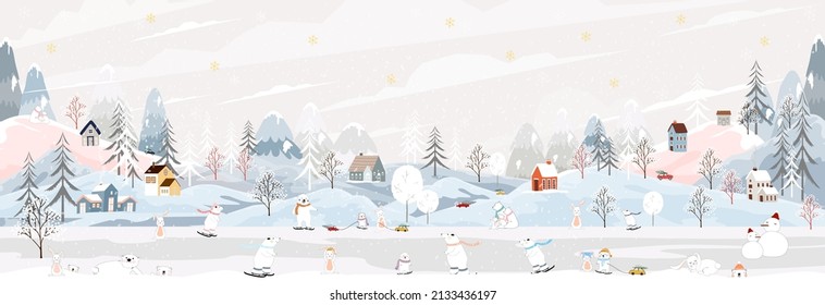 Winter landscape with happy polar bear and rabbit playing ice skates in the park at night,Vector banner Winter wonderland bunny and bear celebrating in forest,Christmas and New year 2023 background