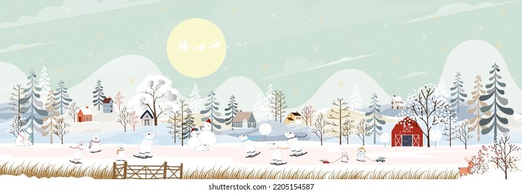 Winter landscape with happy polar bear and rabbit playing ice skates in the park at night,Vector banner Winter wonderland bunny and bear celebrating in forest,Christmas and New year 2023 background