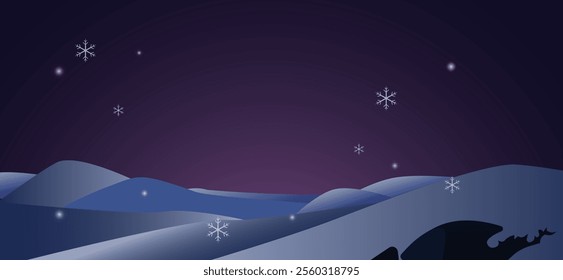 The winter landscape has beautiful blue and navy blue mountains, stars and snow falling in the air. The atmosphere looks peaceful and quiet.