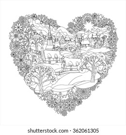 Winterlandschaft in Herzform Rahmen von Schneeflocken, Schwarz-Weiß. Zentwinkelmuster.  Das Beste für Ihr Design, Textilien, Poster, Farbbuch