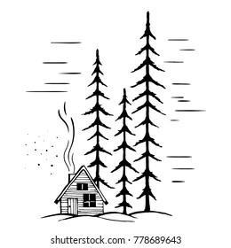 Winter landscape with high fir trees and winter festive hut with chimney and smoke.