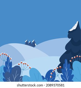 winter landscape, hill covered snow, trees, leafs