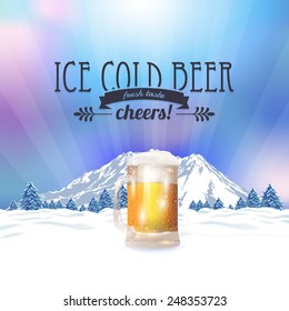 Winter Landscape Hills and Christmas Tree Theme, Ice Cold Beer Flyer Poster. Optional Party, Events, Advertising, Announcement Design