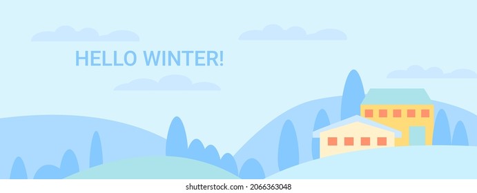 Winter landscape hills and houses. Vector illustration in a flat style. Hello winter! Horizontal composition. Web banner