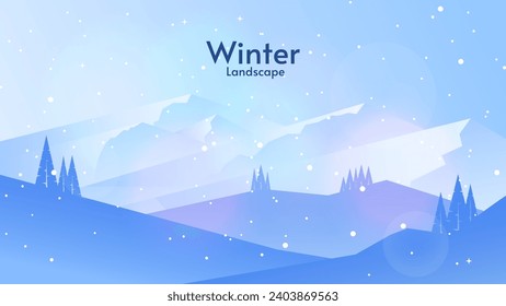 Winterlandschaft mit Hügeln und Bergen. Landschaft im Flachstil. Design für Tapete, Banner, Web, Einladung. 