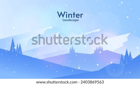 Winter landscape with hills and mountains. Flat style landscape. Design for wallpaper, banner, web, invitation. 