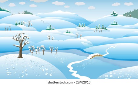 Winter Landscape, hills, trees and the river on the plain, snow-covered, vector illustration