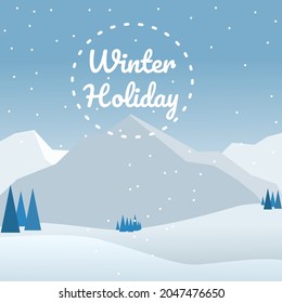 Winter Landscape with Winter holiday typography. Vector Illustration. Flat design.