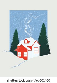 Winter landscape - home, from a tube goes smoke, fir-tree - abstract art, vector illustration. Christmas, New Year, Banner