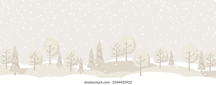 Horizontales Winterlandschaftsbanner. Frohe Weihnachten, Weihnachtsbaum, Schnee, Schneefall. Abstrakte Vektorgrafik in neutralen Farben