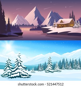 Winter landscape horizontal banners with house river mountains and trees in the day and night time vector illustration