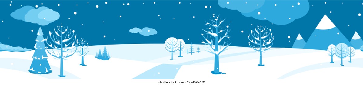 Winter landscape. Horizontal cartoon flat scene with falling snow, dark sky, different trees, spruce fir, clouds and mountains. Vector illustration