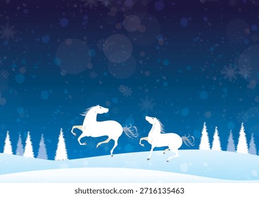 Paisagem de inverno com cavalos correndo por prados nevados
