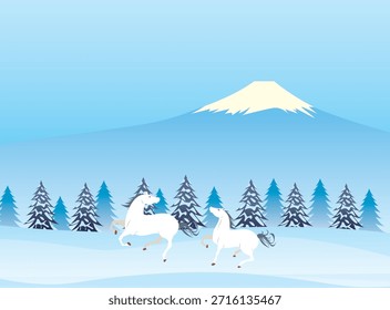 Winter landscape with horses running through snowy meadows