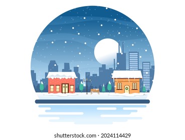 Winter Landscape With House Background, Panorama Snowfall, Town, Trees Or Mountain Silhouette. Christmas and Happy New Year Vector Illustration