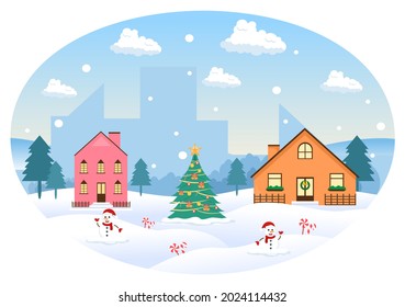 Winter Landscape With House Background, Panorama Snowfall, Town, Trees Or Mountain Silhouette. Christmas and Happy New Year Vector Illustration