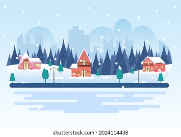 Winter Landscape With House Background, Panorama Snowfall, Town, Trees Or Mountain Silhouette. Christmas and Happy New Year Vector Illustration